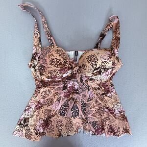 Torrid Floral Underwire Peplum Tankini Swim Top Pink Brown Bow Size 0 D